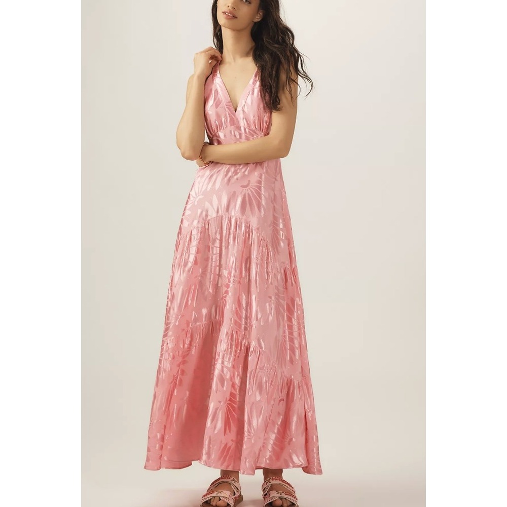 Farm Rio x Anthropologie V-Neck Tiered Maxi Dress in Pink sz XXS Petite